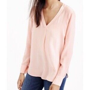 J. Crew 100% Silk Pleat Front V Neck Blouse Top Long Sleeves Lightweight Pink 4